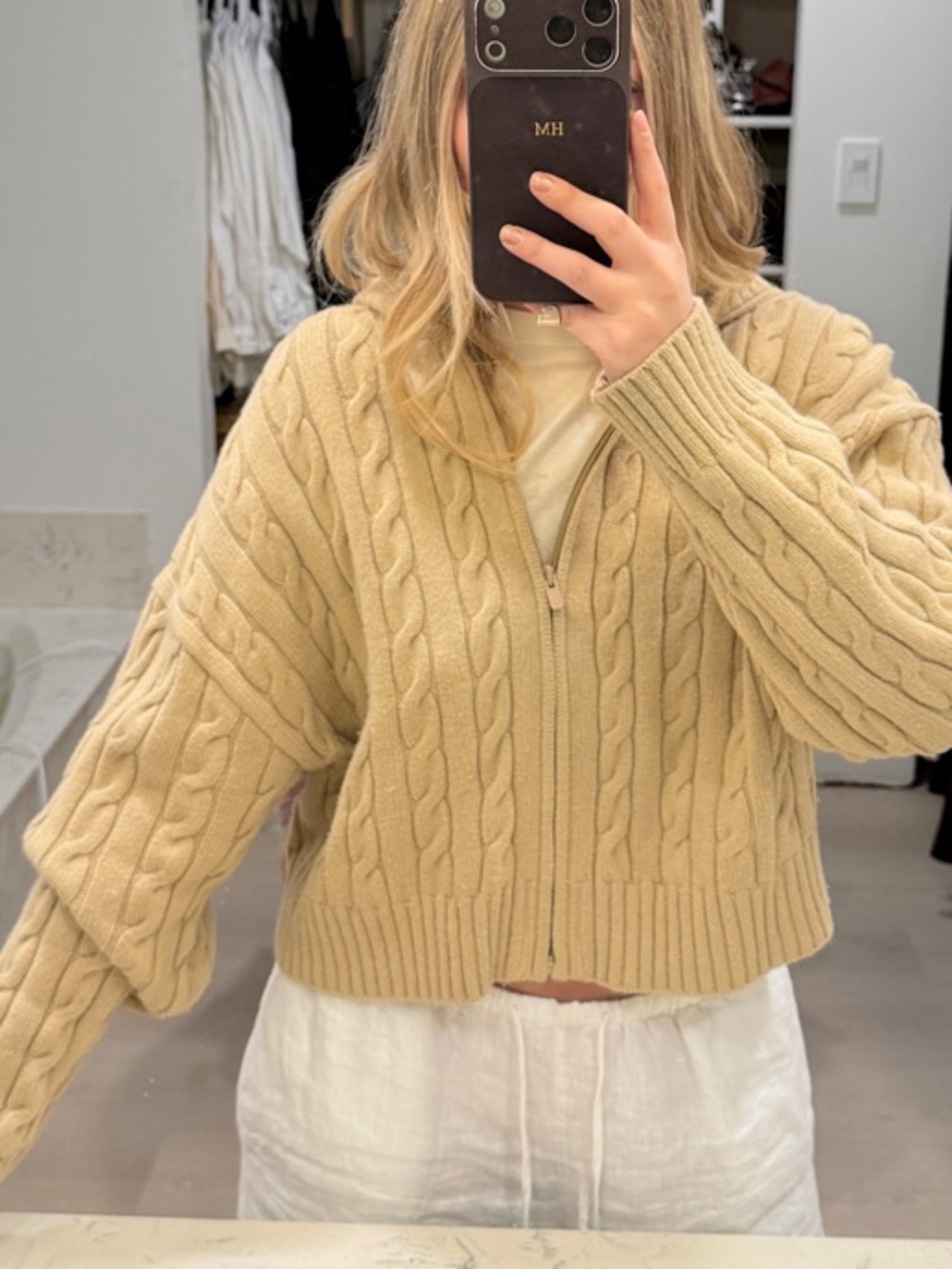 Aritzia Cable-Knit Zip Cardigan in Tan